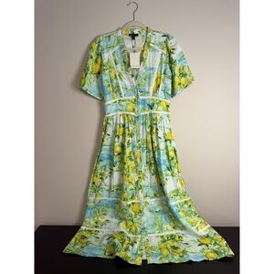 Nobody's Child NEW Women's US 4 Green Lemon Print Sorcha V-Neck Midi Dress